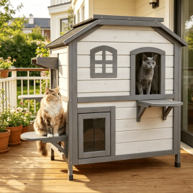 White Wooden 2-Story Outdoor Cat House Feral Cat Shelter Kitten Condo with Openable Asphalt Roof 4 Platforms