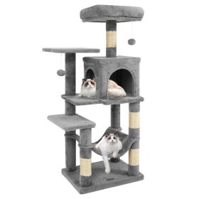 44" Multi-Level Cat Tree with Spacious Top Perch, 2-Door Condo & Hammock for Indoor Cats -Light Gray