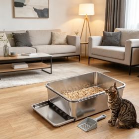 XL Stainless Steel Litter Box Sifting Cat Pan Non-Sticky Odor Free Easy Clean Silver for Medium to Large Cats